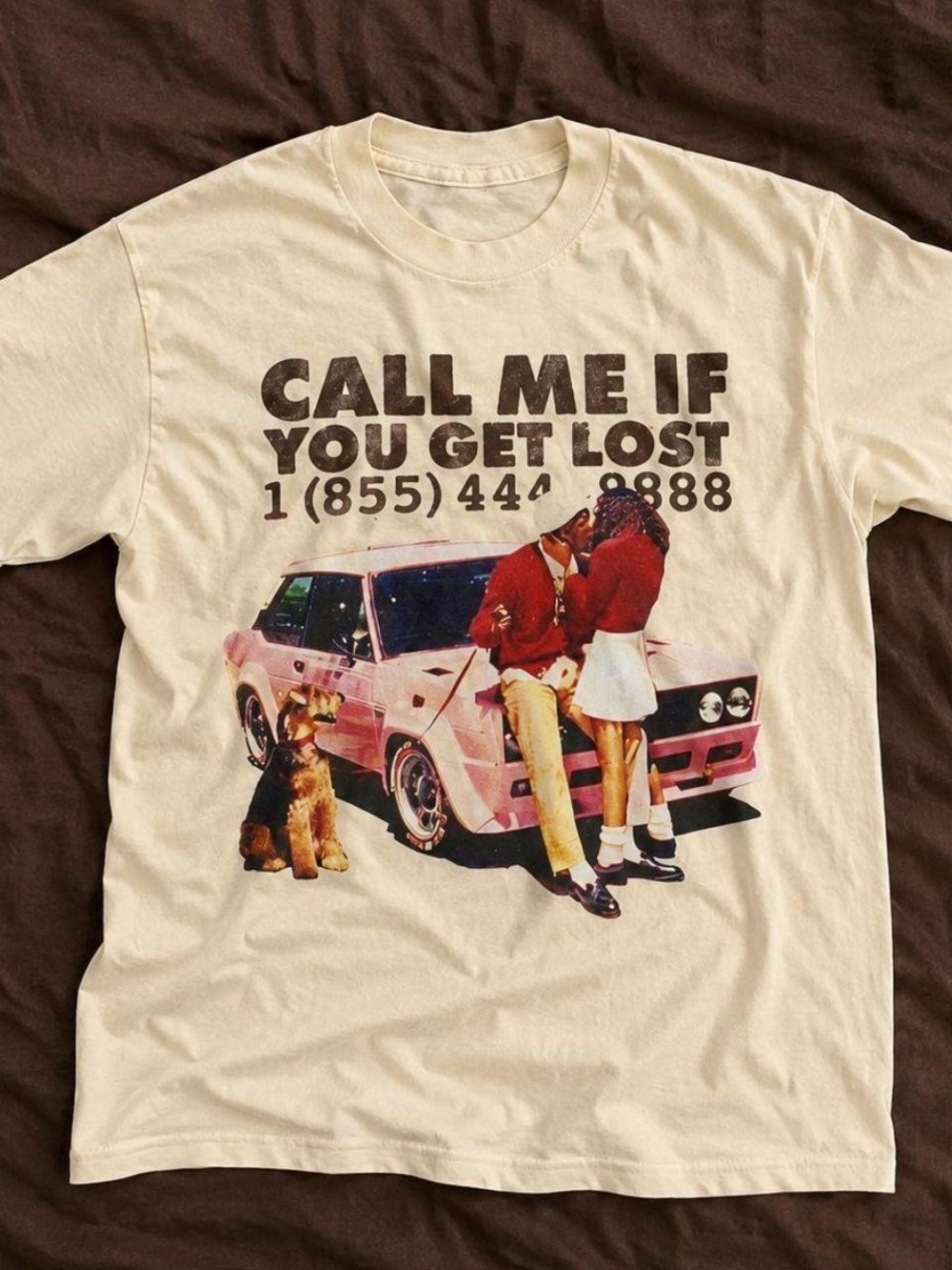Gildan Cream Graphic Tee with Pink Car and Red Accents